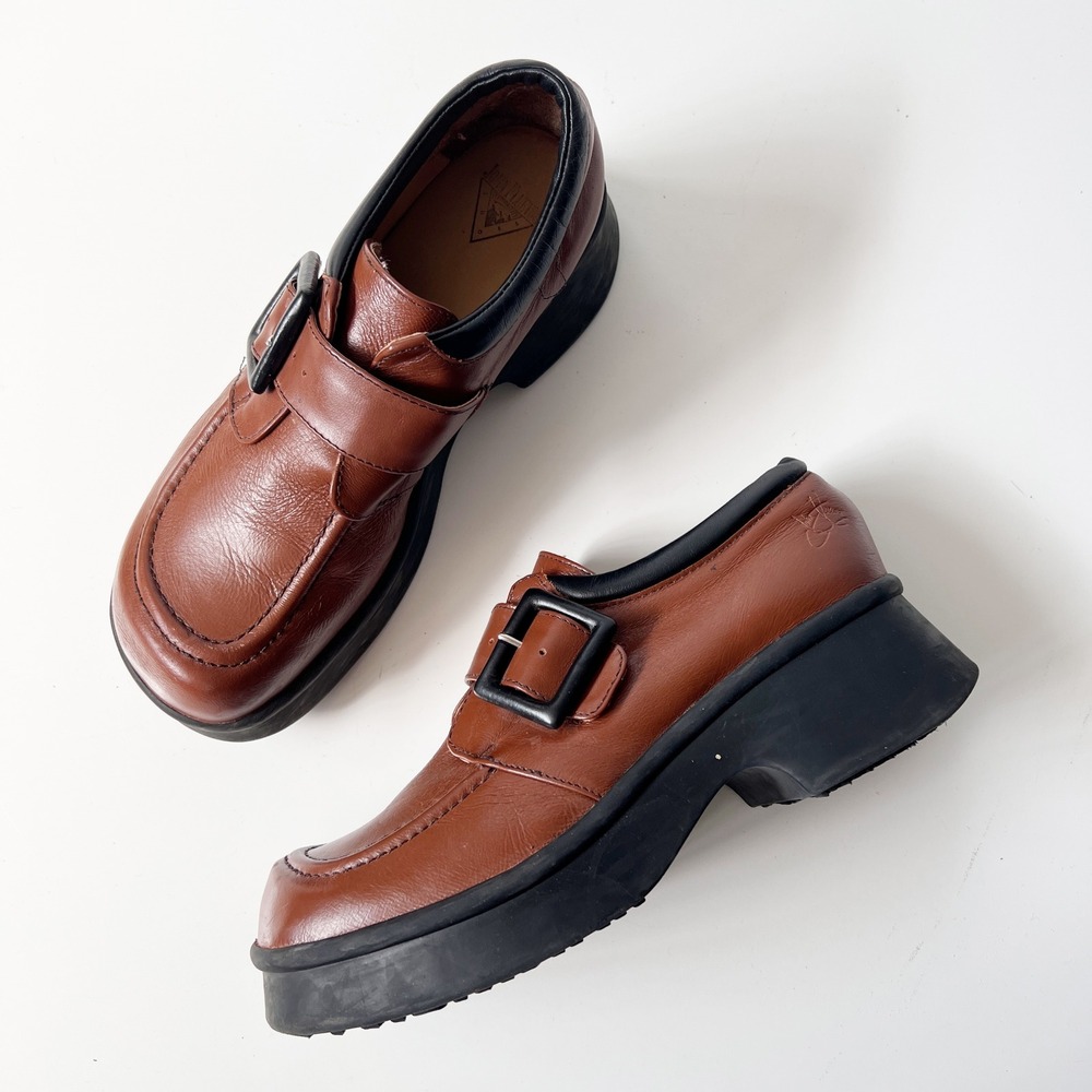 John Fluevog Harmony Chunky Platform Mary Janes Loafers‎ Size 7 Brown Leather